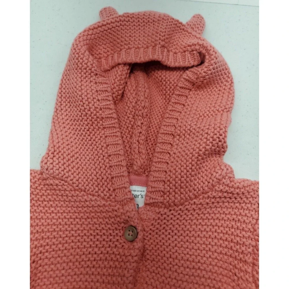 Carter's Girls' Coral Pink Hooded Knit Sweater w/Bear Ears Size 6m NEW!